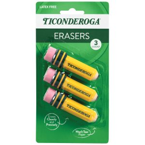 Ticonderoga Erasers, Pencil Shaped, Latex-Free, Yellow, 3-Pack (38953)